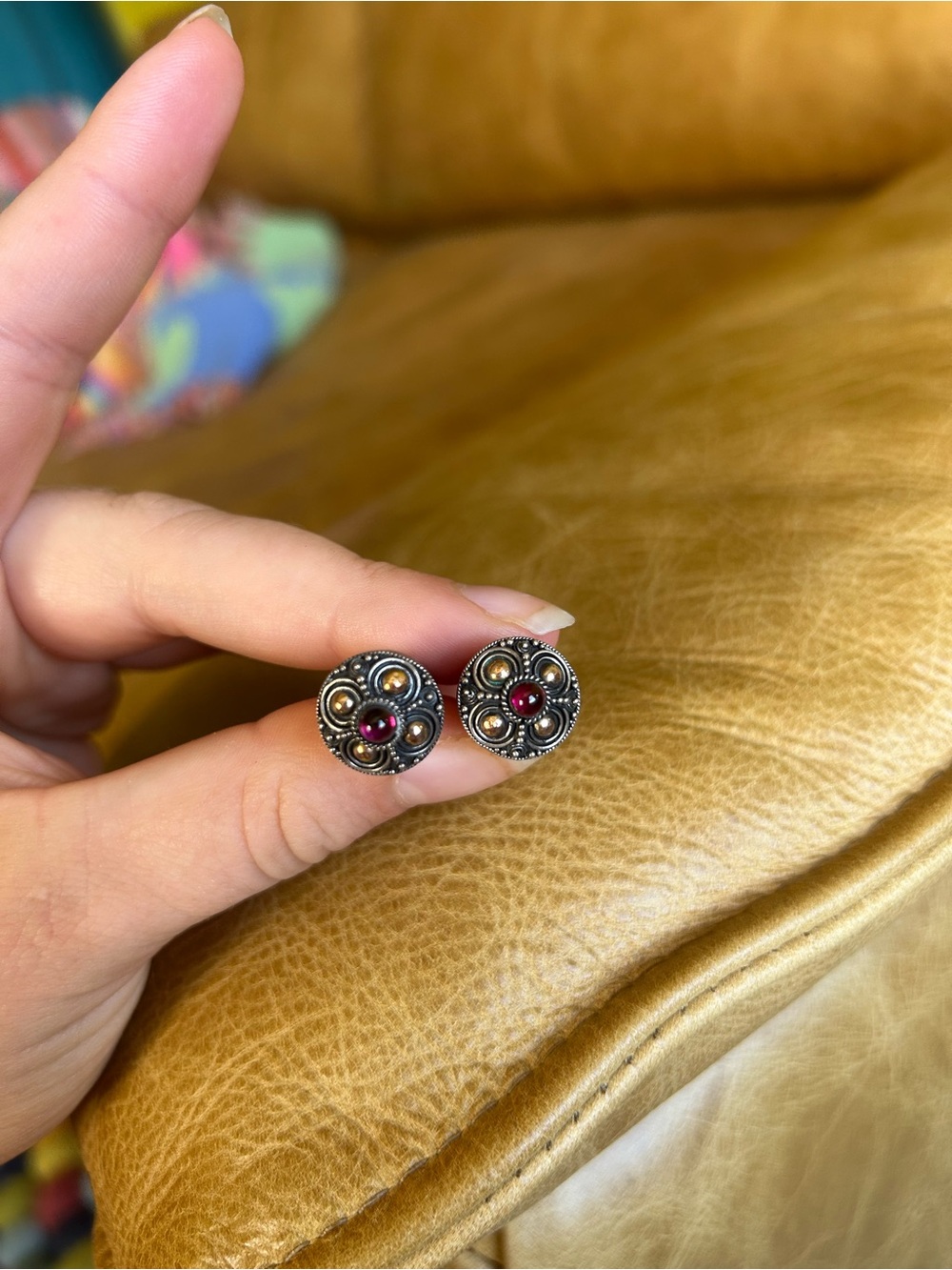 Sterling Silver Floral Garnet Accent Stud Earrings - Red